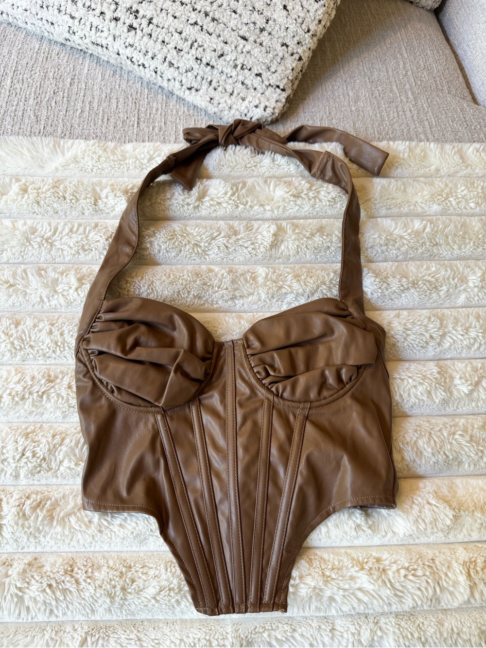 PrettyLittleThing Brown Faux Leather Corset Halter Top – US 4
